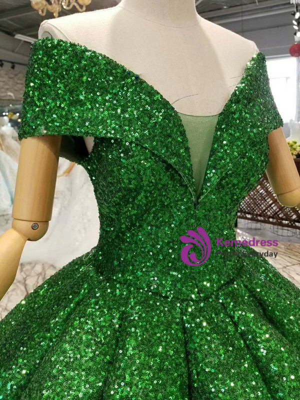 Green Ball Gown Sequins Off The Shoulder Floor Length Wedding Dress