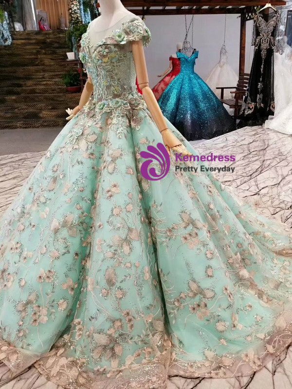 Green Ball Gown Tulle Appliques Bateau Cap Sleeve Wedding Dress