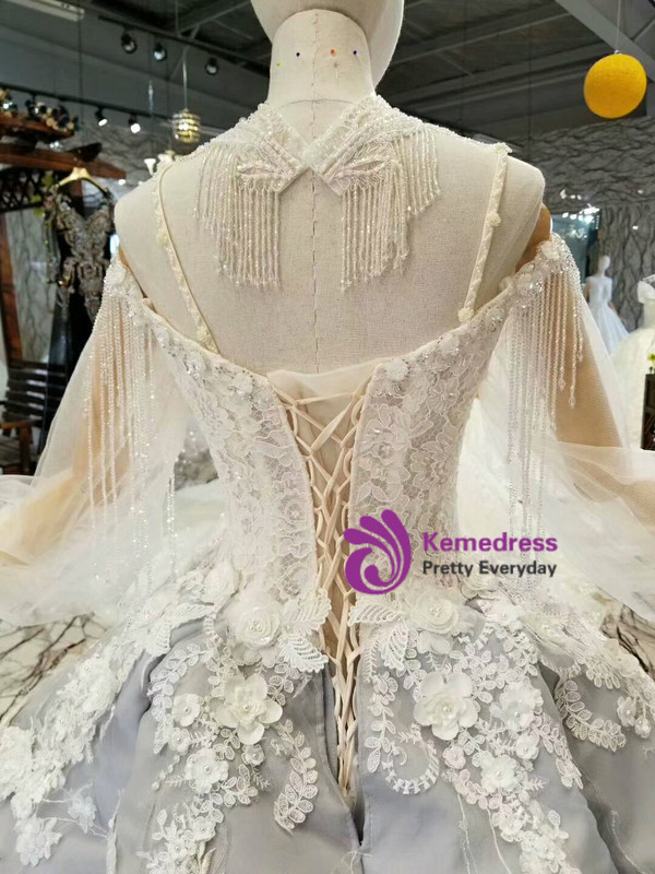 Gray Ball Gown Spaghetti Straps Long Sleeve White Appliques Wedding Dress With Pearls