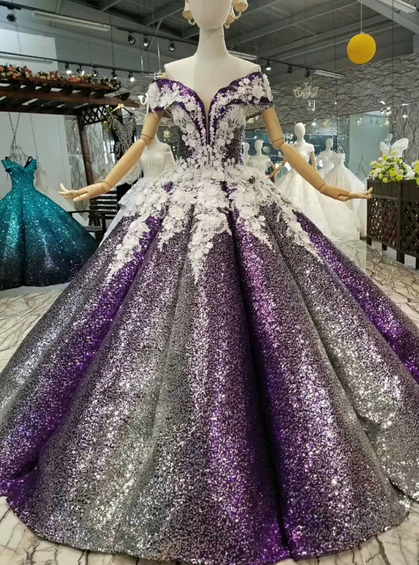 Purple Ball Gown Sequins White Appliques Off The Shoulder Wedding Dress