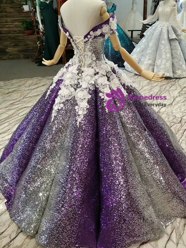 Purple Ball Gown Sequins White Appliques Off The Shoulder Wedding Dress