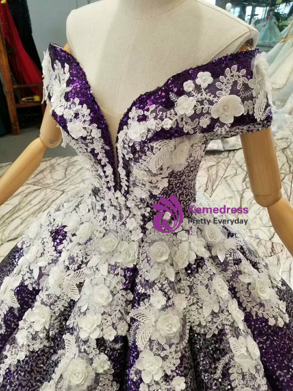 Purple Ball Gown Sequins White Appliques Off The Shoulder Wedding Dress