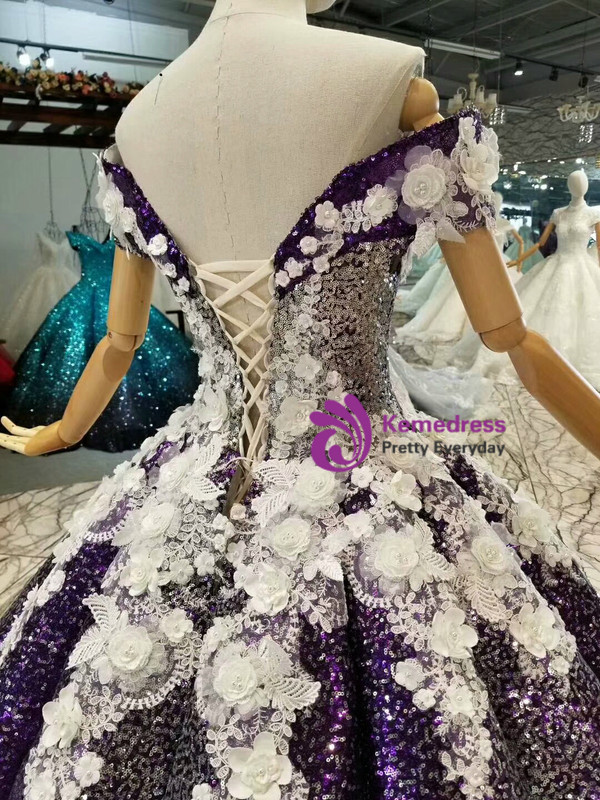 Purple Ball Gown Sequins White Appliques Off The Shoulder Wedding Dress