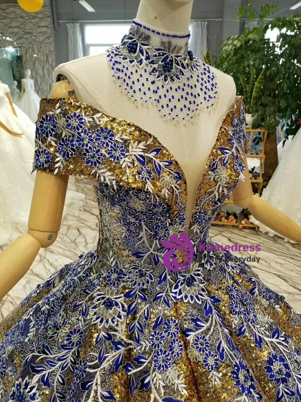 Gold Ball Gown Sequins Embroidery Appliques Off The Shoulde Wedding Dress