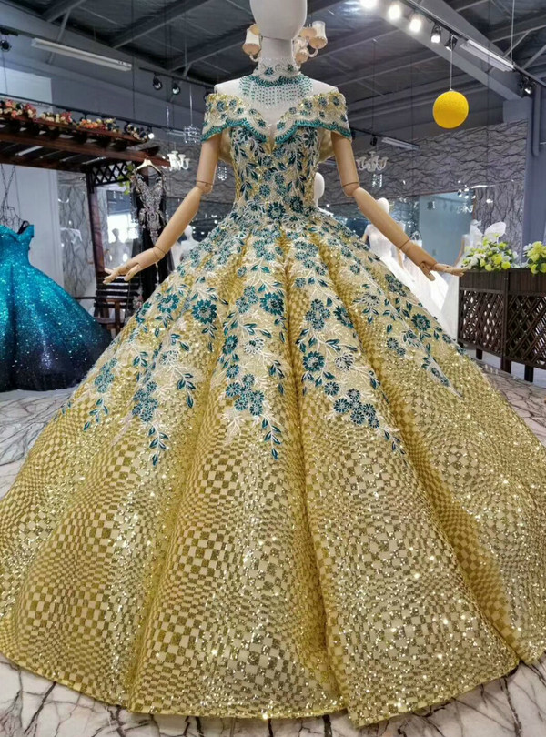 Gold Ball Gown Sequins Green Appliques Off the Shoulder Wedding Dress