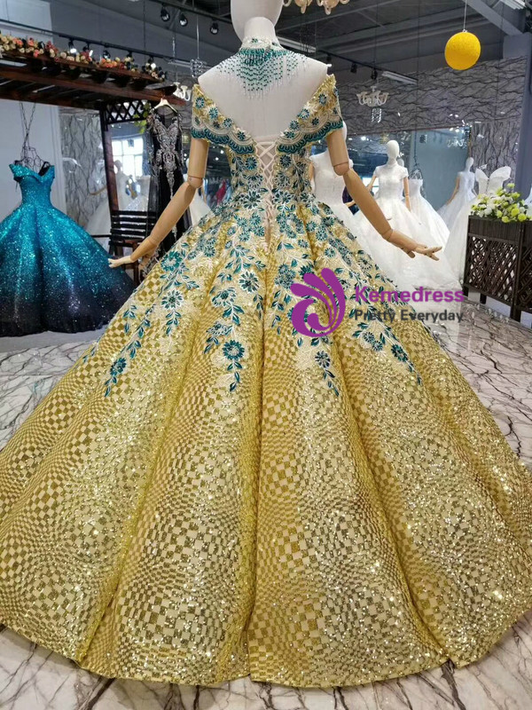 Gold Ball Gown Sequins Green Appliques Off the Shoulder Wedding Dress