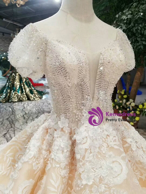 Champagne Ball Gown Lace Short Sleeve Square Appliques Wedding Dress With Train