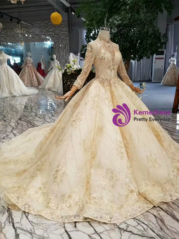 Champagne Lace High Neck Long Sleeve Backless Beading Crystal Wedding Dress