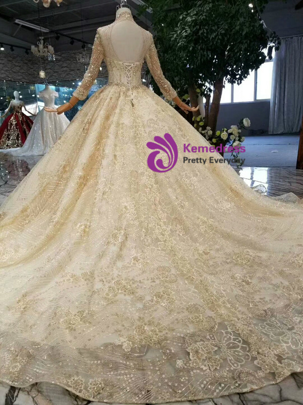 Champagne Lace High Neck Long Sleeve Backless Beading Crystal Wedding Dress
