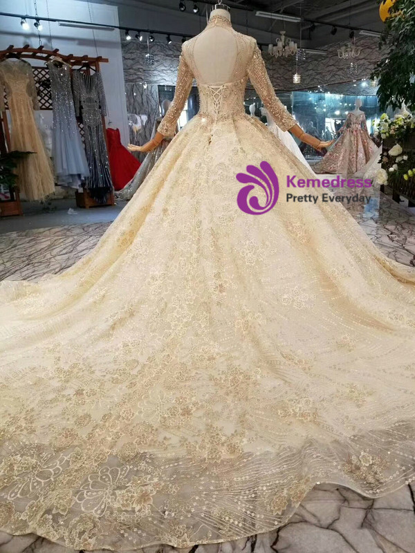 Champagne Lace High Neck Long Sleeve Backless Beading Crystal Wedding Dress