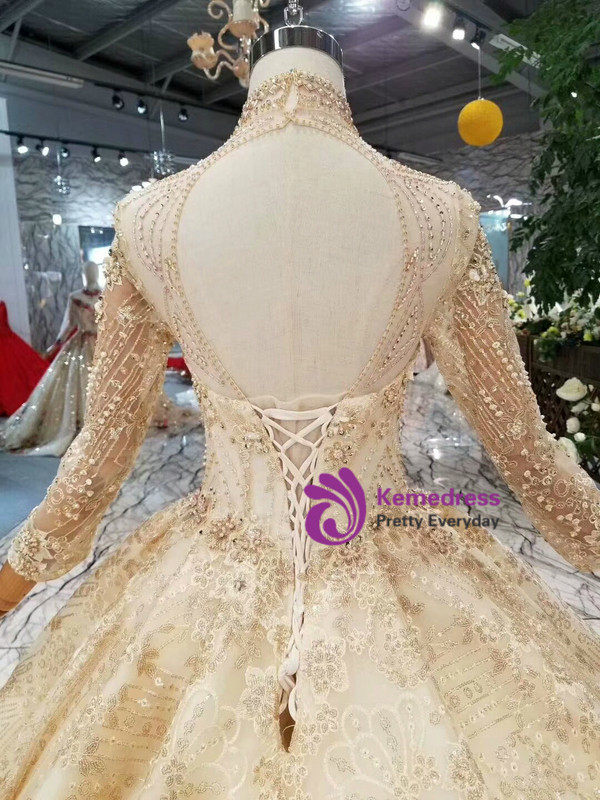 Champagne Lace High Neck Long Sleeve Backless Beading Crystal Wedding Dress