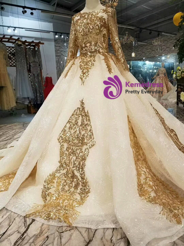 Champagne Ball Gown Sequins Long Sleeve Wedding Dress With Long Train