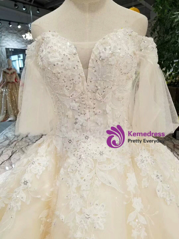 Champagne Tulle Lace Appliques Off The Shoulder Short Sleeve Wedding Dress