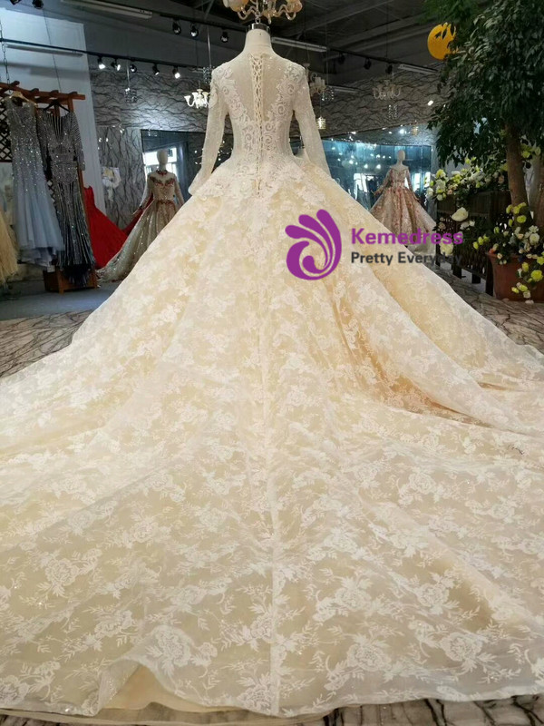 Champagne Ball Gown Tulle Sequins Lace Long Sleeve Wedding Dress