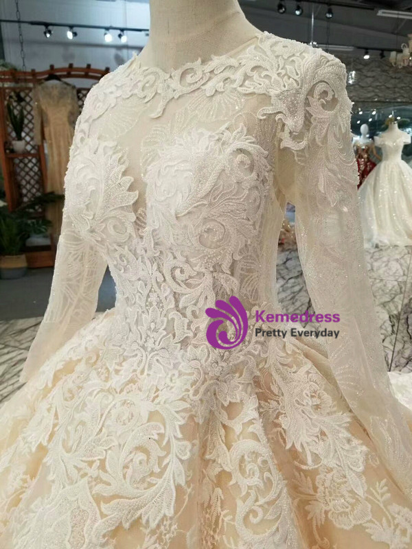 Champagne Ball Gown Tulle Sequins Lace Long Sleeve Wedding Dress