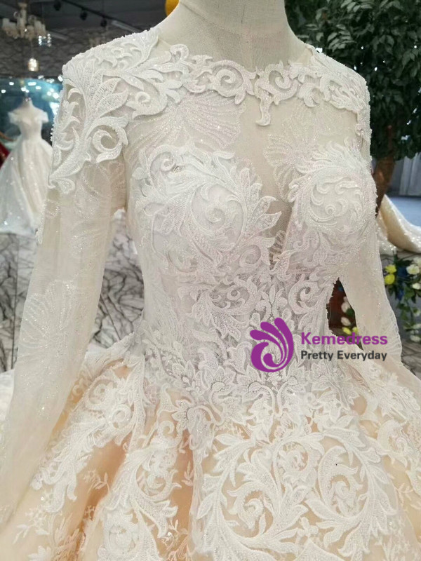 Champagne Ball Gown Tulle Sequins Lace Long Sleeve Wedding Dress