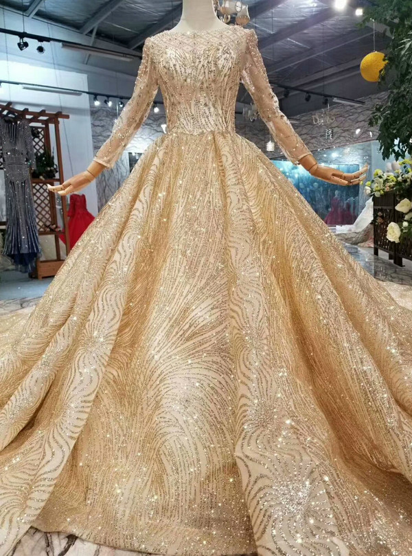 Champagne Gold Tulle Sequins Long Sleeve Beading Wedding Dress With Long Train