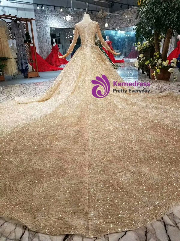 Champagne Gold Tulle Sequins Long Sleeve Beading Wedding Dress With Long Train