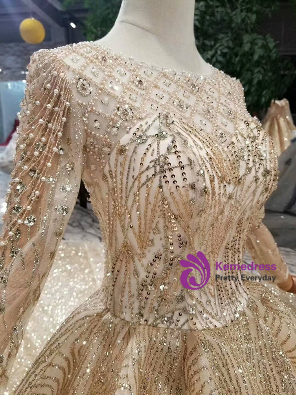 Champagne Gold Tulle Sequins Long Sleeve Beading Wedding Dress With Long Train