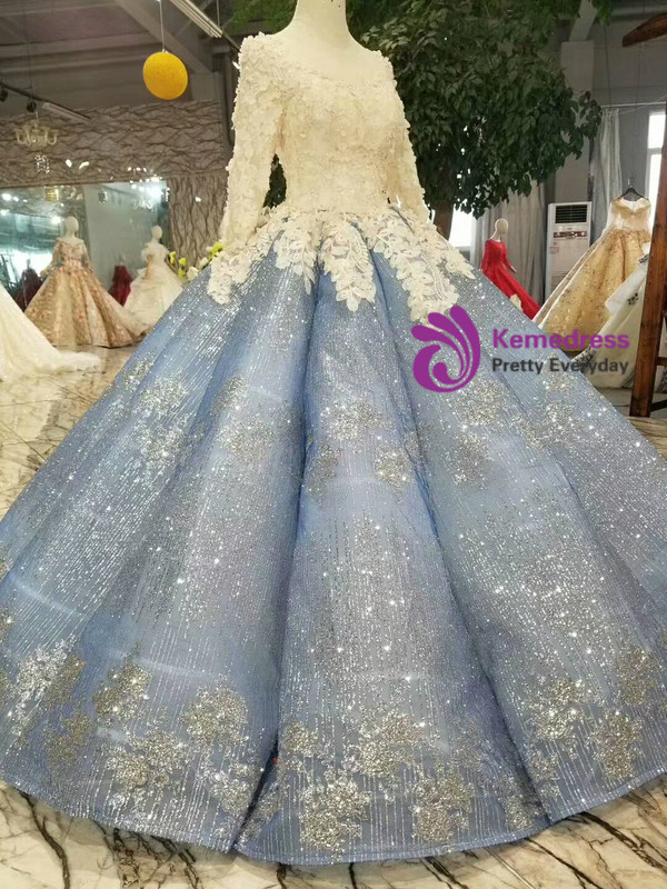 Blue Ball Gown Sequins Long Sleeve Appliques Haute Couture Wedding Dresses