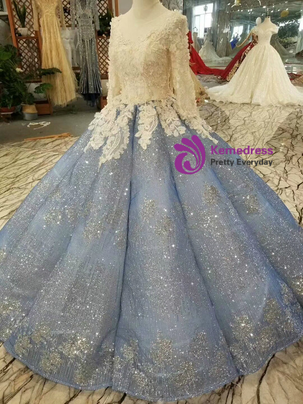 Blue Ball Gown Sequins Long Sleeve Appliques Haute Couture Wedding Dresses