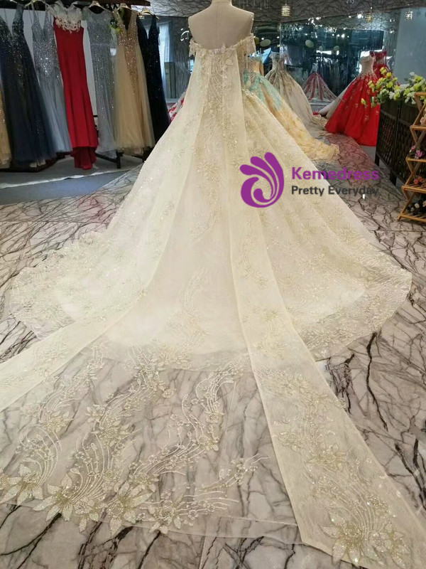 Champagne Tulle Sequins Applqiues Off The Sholuder Wedding Dress With Beading