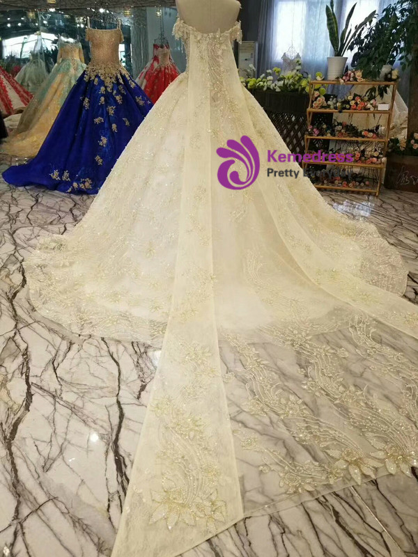 Champagne Tulle Sequins Applqiues Off The Sholuder Wedding Dress With Beading