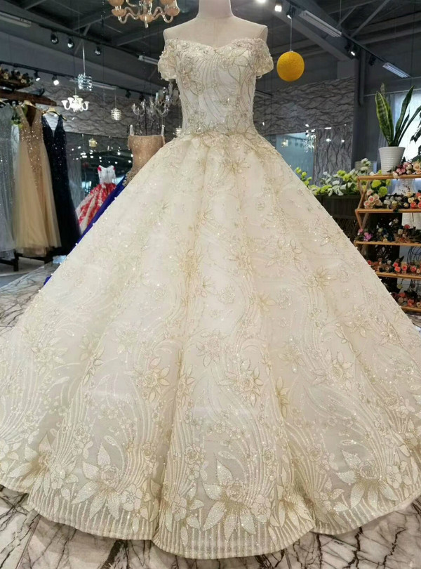 Champagne Tulle Sequins Appliques Off The Shoulder Wedding Dress