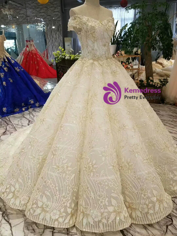 Champagne Tulle Sequins Appliques Off The Shoulder Wedding Dress