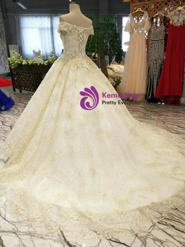 Champagne Tulle Sequins Appliques Off The Shoulder Wedding Dress