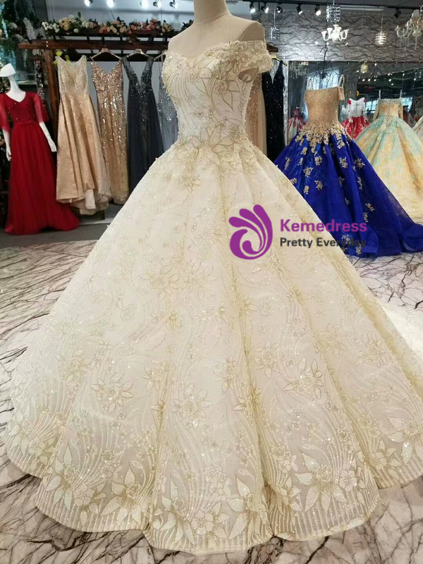 Champagne Tulle Sequins Appliques Off The Shoulder Wedding Dress