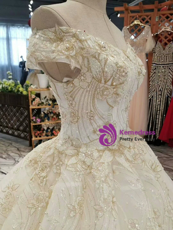 Champagne Tulle Sequins Appliques Off The Shoulder Wedding Dress