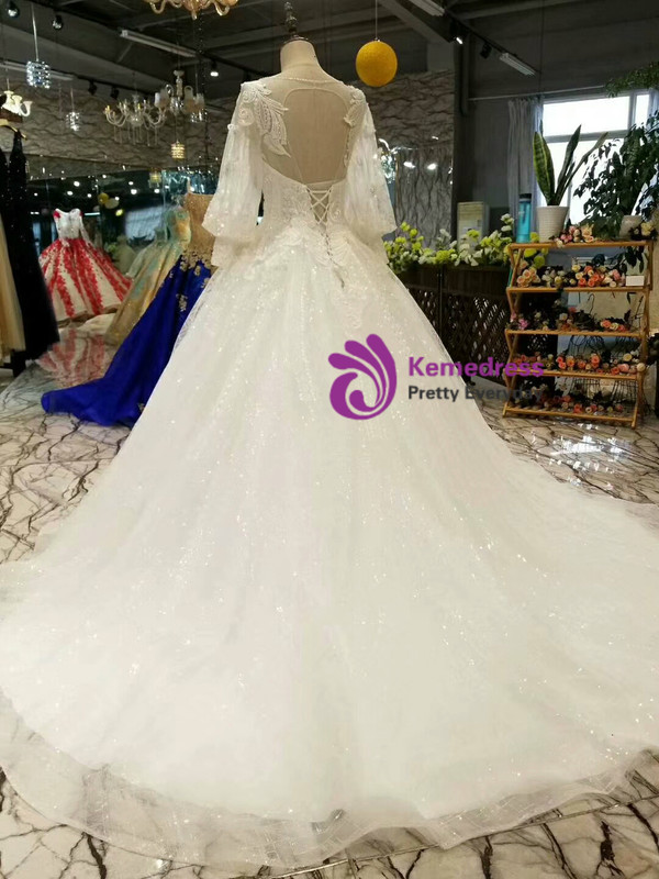 Ball Gown Tulle Sequins Long Sleeve Backless Appliques Wedding Dress