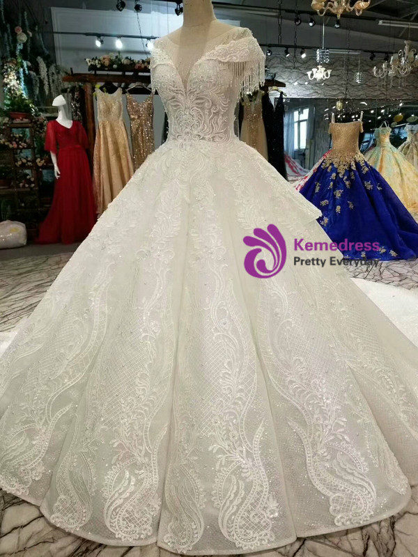 Ball Gown Tulle Sequins Bateau Cap Sleeve Wedding Dress With beading