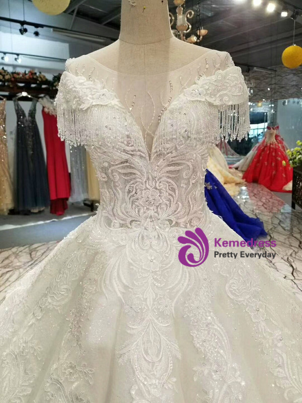 Ball Gown Tulle Sequins Bateau Cap Sleeve Wedding Dress With beading