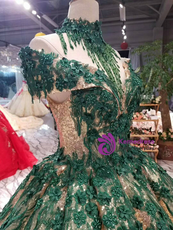 Gold Ball Gown Sequins Green Appliques Off The Shoulder Beading Wedding Dress