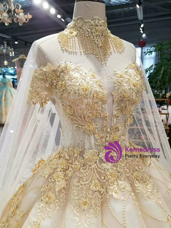 Champagne Ball Gown Tulle Appliques Off The Shoulder Wedding Dress With Beading