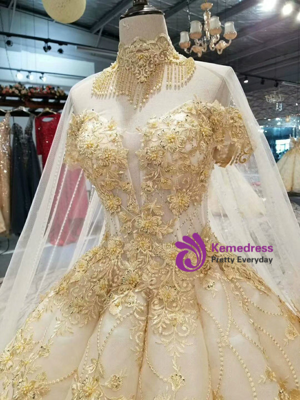 Champagne Ball Gown Tulle Appliques Off The Shoulder Wedding Dress With Beading