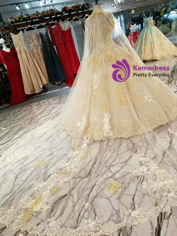 Champagne Ball Gown Tulle Appliques Off The Shoulder Wedding Dress With Beading