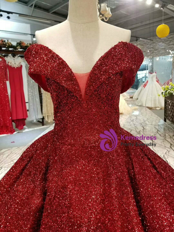 Gorgeous Red Ball Gown Sequins Off The Shoulder Wedding Dress