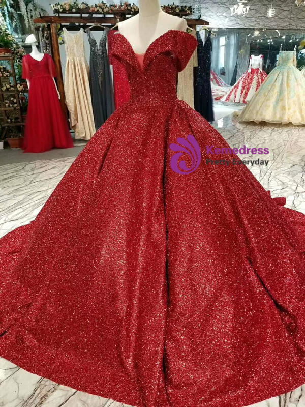 Gorgeous Red Ball Gown Sequins Off The Shoulder Wedding Dress
