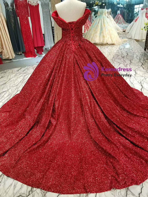 Gorgeous Red Ball Gown Sequins Off The Shoulder Wedding Dress