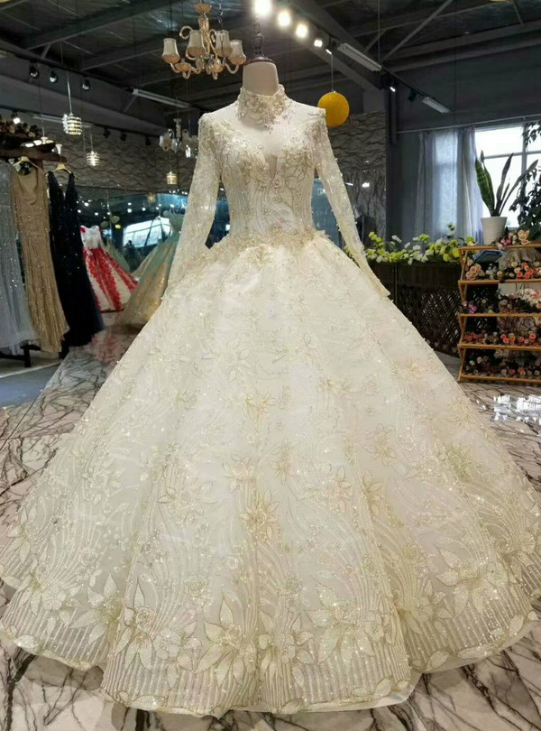 Light Champagne Tulle Sequins High Neck Long Sleeve Backless Wedding Dress