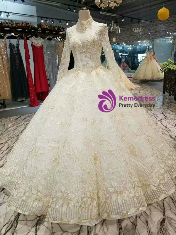 Light Champagne Tulle Sequins High Neck Long Sleeve Backless Wedding Dress