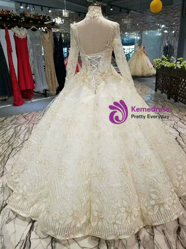 Light Champagne Tulle Sequins High Neck Long Sleeve Backless Wedding Dress