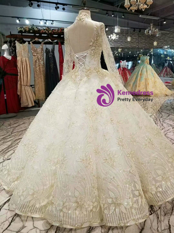 Light Champagne Tulle Sequins High Neck Long Sleeve Backless Wedding Dress