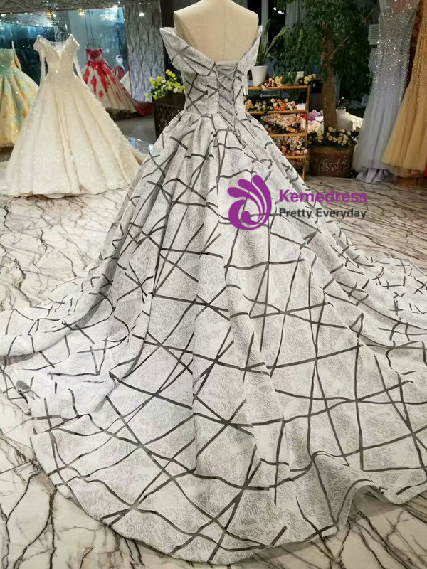 Silver Gray Ball Gown Off The Shoulder Wedding Dress With Little Train