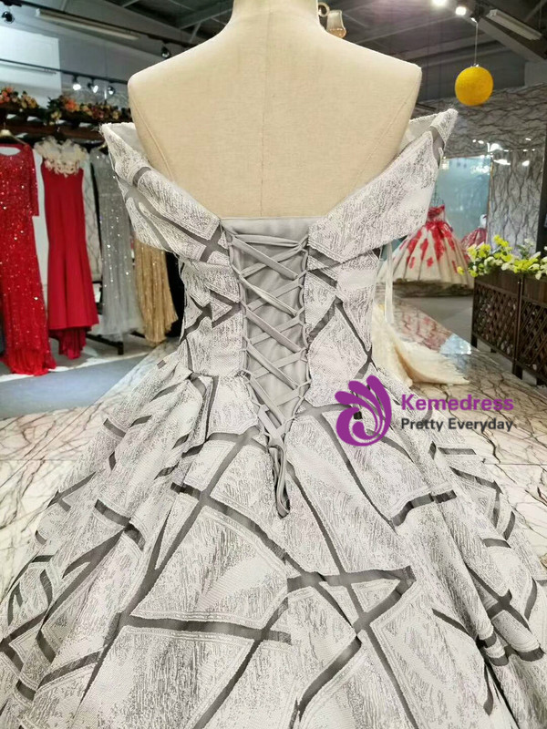 Silver Gray Ball Gown Off The Shoulder Wedding Dress With Little Train