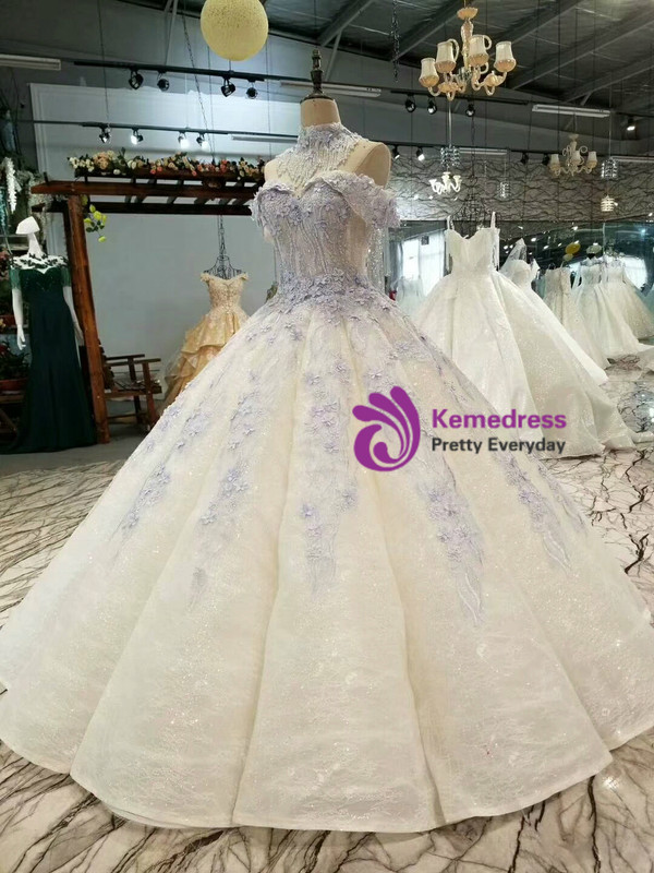 Ball Gown Sequins Blue Appliques Off The Shoulder Wedding Dress