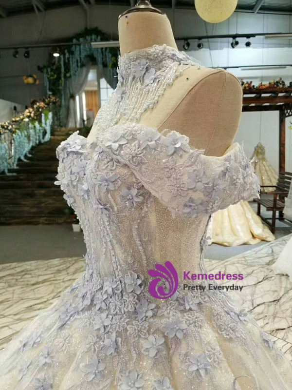 Ball Gown Sequins Blue Appliques Off The Shoulder Wedding Dress